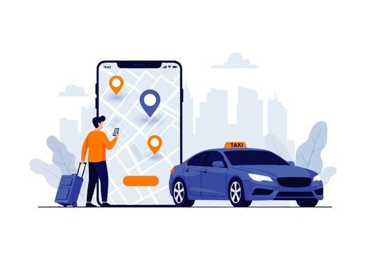 Vector Flat Design Illustration of a person using a mobile app to book a taxi with a car and city background