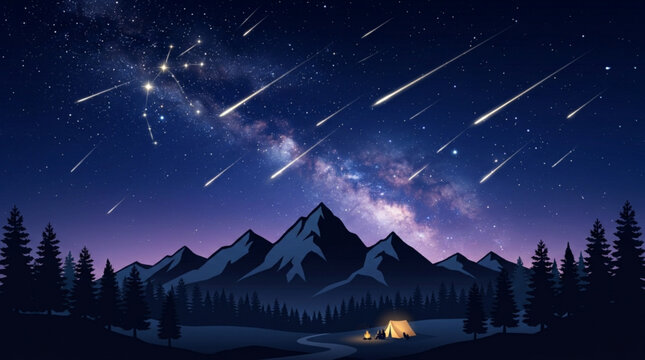 Magical night camping landscape with shooting stars glowing tent snowy mountains pine forest and starry sky vector illustration with milky way