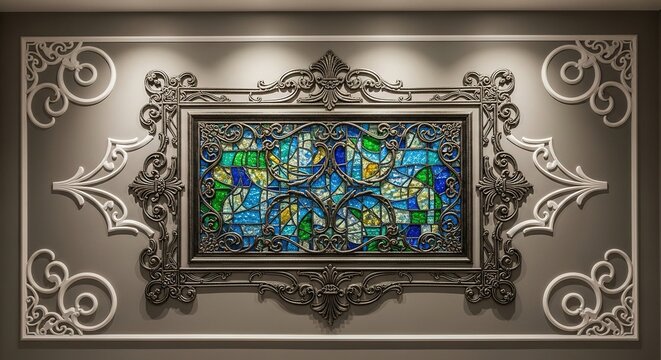 Stained glass artwork framed in ornate gold metal. Intricate religious mosaic with vibrant colors and detailed craftsmanship. Decorative church alt...