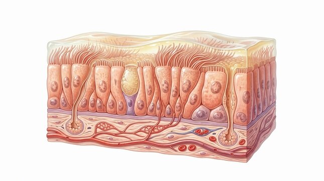 Ciliated respiratory epithelium with goblet cells cross section