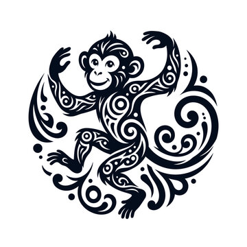 Black monkey silhouette featuring intricate tribal patterns and decorative swirls, representing the Chinese zodiac sign. Isolated vector illustration on a plain white background.