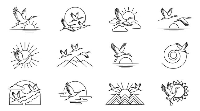 Flock of Birds Flying Over Mountains and Water, Sun and Clouds, Minimalist Line Art