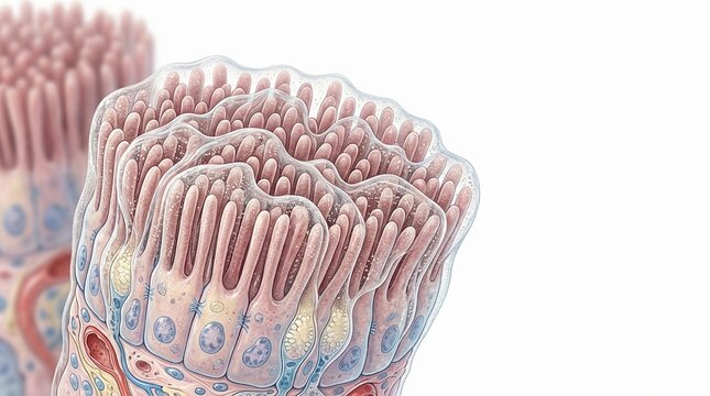 Microscopic detail of intestinal microvilli and goblet cells