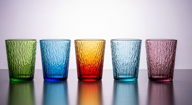 Colorful textured glasses in green, blue, red, teal, and pink arranged on a reflective surface