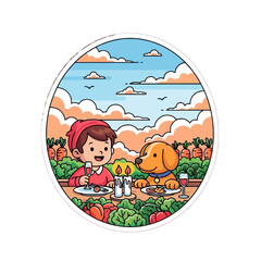 Naklejka premium A girl and her dog enjoy a festive outdoor Thanksgiving dinner with family, surrounded by lush greenery, vibrant vegetables, and a serene lake view under a partly cloudy sky.