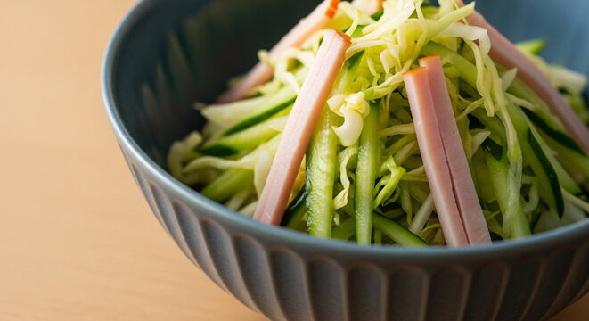 Fresh julienne cut carrots and cabbage in ceramic bowl on wooden table for healthy cooking