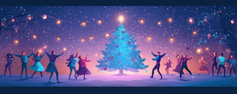 People dancing and ice skating around a glowing decorated tree under string lights in a snowy winter evening, joyful festive celebration