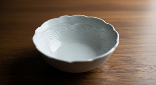 Small white ceramic bowl with a scalloped edge and circular pattern on a wooden table