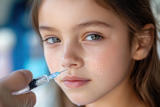 Close-up portrait of a young girl with freckles and damp skin receiving an injection at the nose area, calm but slightly apprehensive expression
