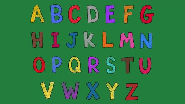 Hand Drawn 2D Animation Colorful Doodle Alphabet Letters Pack on Green Screen