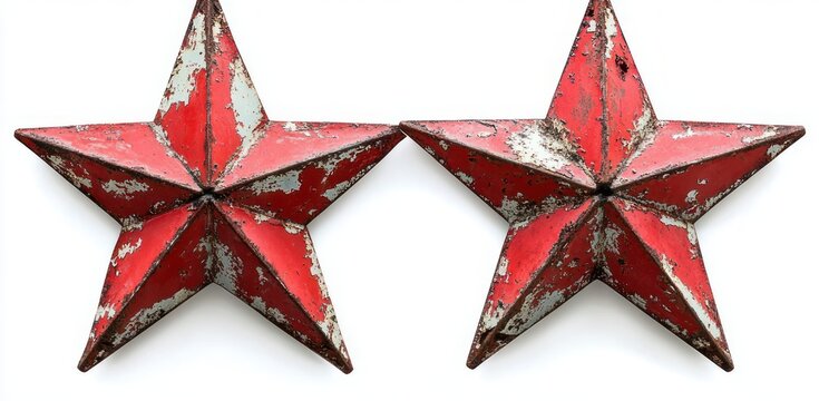pair of weathered red five-pointed metal stars with chipped paint and rust, rustic nostalgic vintage decor on white background