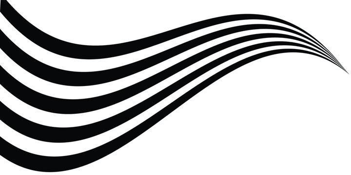 Black on white abstract perspective line wave stripes with 3d dimensional effect isolated on white.
