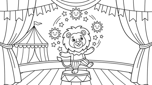 Coloring page illustration of a cute cartoon lion performer juggling smiling suns and stars on a circus stage with curtains, a striped tent, and decorative bunting flags.
