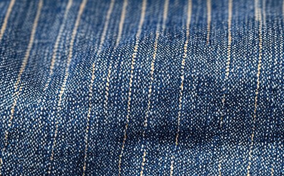 close-up of blue denim fabric with thin vertical white pinstripes and soft folds conveying tactile casual comfort