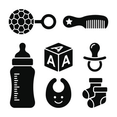 Baby care objects icons set including pacifier bottle