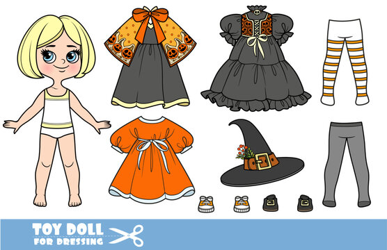 Cartoon blond girl with short bob and clothes separately -    dsesses, hats and boot on Halloween