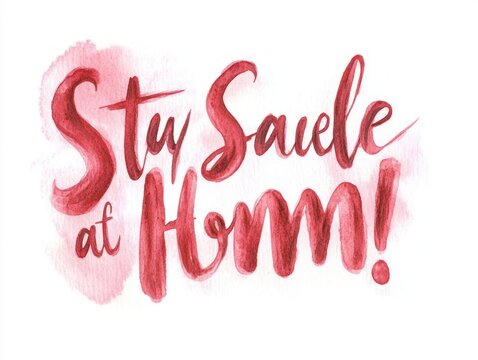 red watercolor hand-lettered script reading 'stay sauele at home!' on a white background conveying warm encouraging reassurance