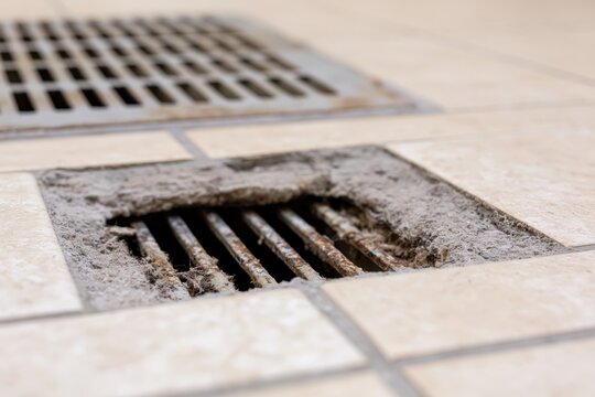 The Drain Grate on a Weathered City Sidewalk with Dust and Stains
