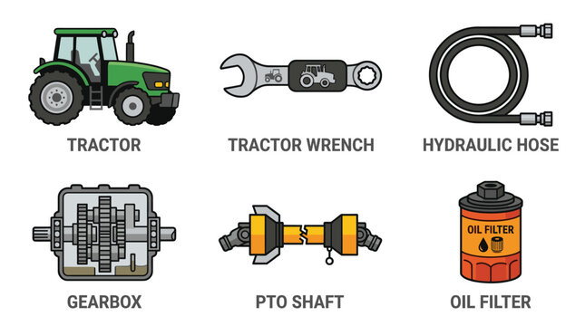 Agricultural machinery parts and tractor maintenance icons.