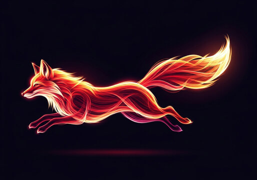 Glowing fire fox running with light trails on black background