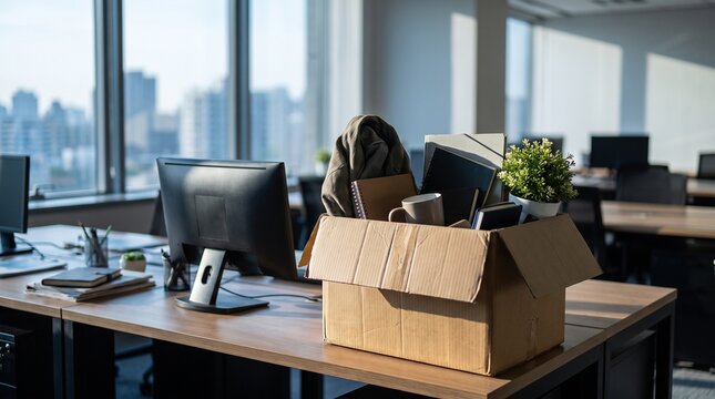 Packed cardboard box on office desk during workplace transition after layoff or resignation in modern corporate workspace