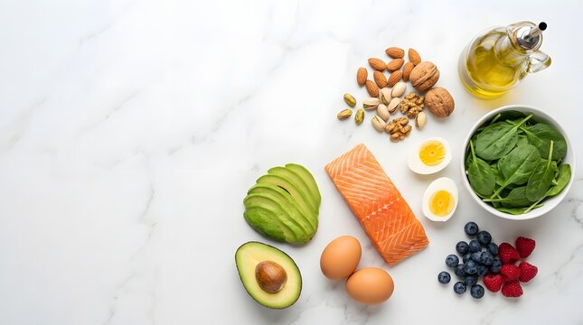 Healthy keto diet ingredients top view composition