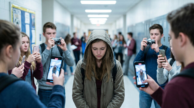 Sad teenage girl bullied by classmates in high school hallway as peers film and photograph during conflict