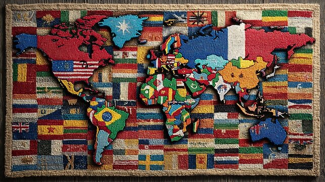 World map made of small colorful beads, textured surface with many tiny squares.