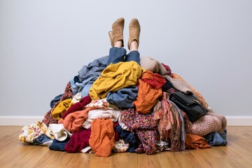 Obraz premium The Pile of Clothes with Boots Propped Up in Cozy Home Laundry Chaos