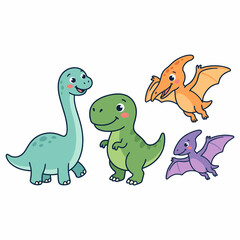 Cute cartoon dinosaurs illustration featuring a friendly brachiosaurus, T-rex, and two pterodactyls in a playful style, perfect for children's designs. © Dumirah