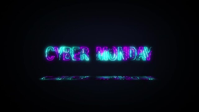 Animation text of Cyber Monday laser neon glitch text effect on black abstract backgroud. Promote advertising concept isolate using QuickTime Alpha Channel proress 444
