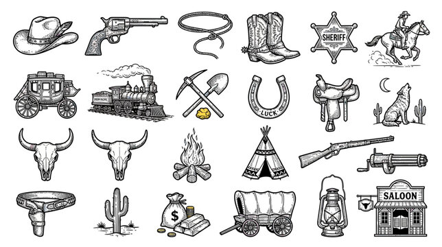 Wild West Collection: Cowboy Hat, Gun, Horse, Wagon, Saloon, Sheriff Badge