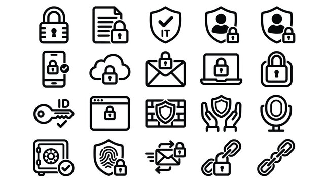 Collection of black and white cybersecurity icons featuring various locks shields and digital protection symbols for modern web interface designs