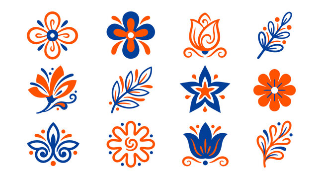 Set of Folk Art Flowers and Leaves, Orange and Blue Motifs, White Background