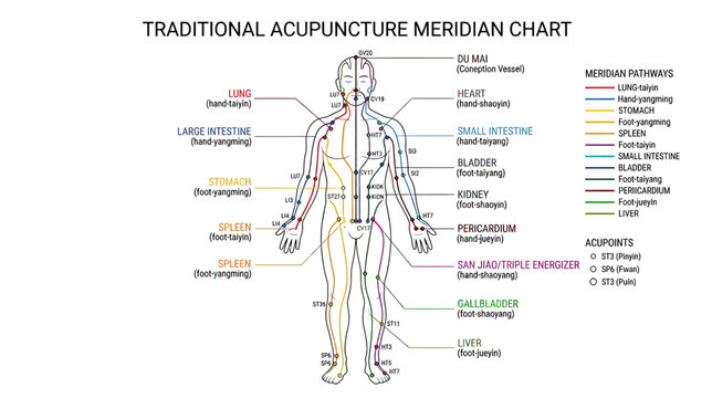 Traditional Acupuncture Meridian Chart - Human Body Energy Pathways