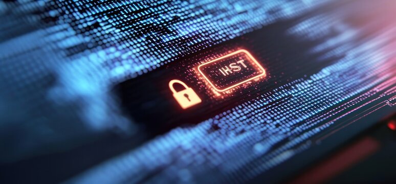 Glowing security microchip with lock icon on a blue digital circuit board, neon orange highlights and blurred data streams conveying protection and cybersecurity