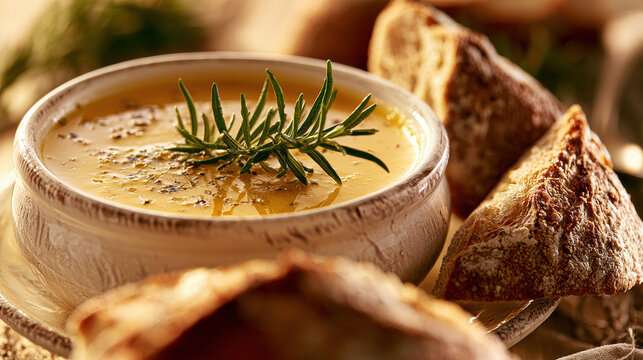 Creamy pumpkin soup in a rustic bowl, garnished with herbs, surrounded by crusty bread pieces on a warm wooden surface.