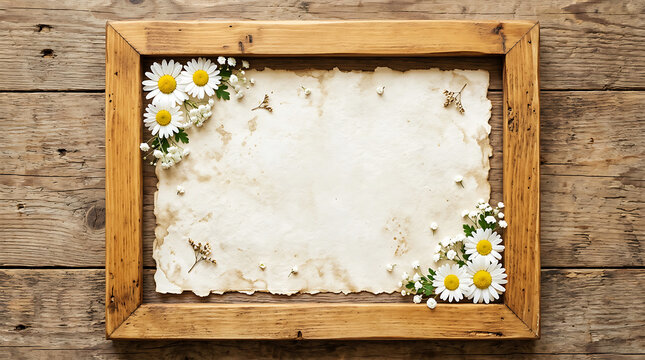 Yellow daisies on aged parchment paper frame