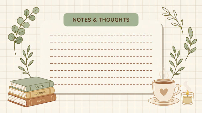 Stationery template with lined paper, books, and potted plants