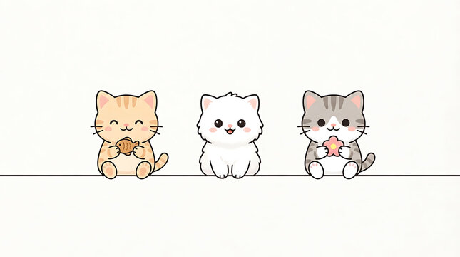 Three cartoon kittens with bows on black line