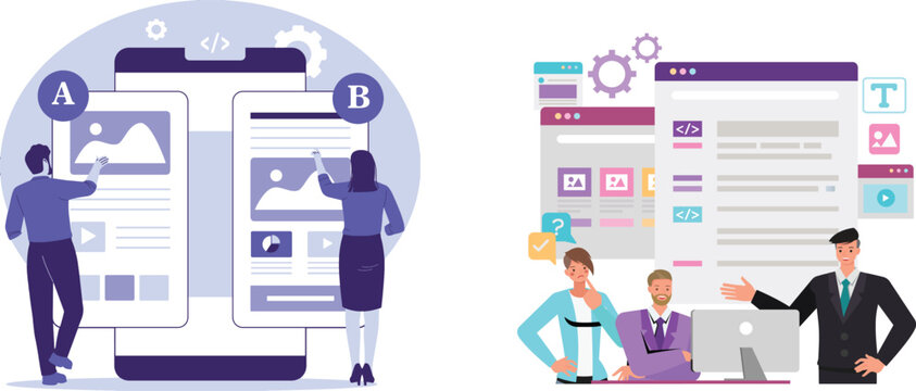 People performing A/B testing on mobile application and designing web page.