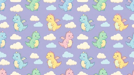 Fototapeta premium Adorable Cartoon Dinosaurs and Clouds Pattern on Purple Background