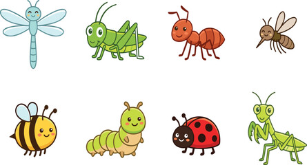 Cute cartoon insects vector sticker set with dragonfly grasshopper ant bee caterpillar ladybug and praying mantis on white background © Mijanur