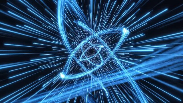Abstract blue light trails and atomic orbital paths moving dynamically on a luxury technology background