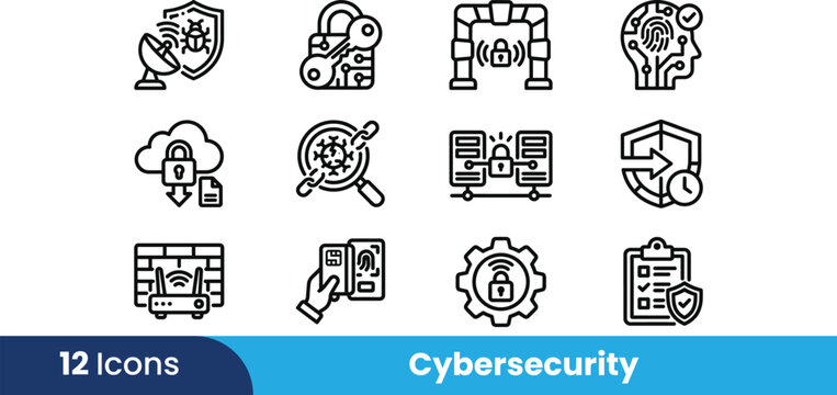 Cybersecurity line icons set. Vector data protection, cloud security, network firewall, biometrics, and malware defense symbols.