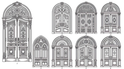 Fototapeta premium Elegant vintage doors with intricate woodwork. Classic architectural design. Historic building entrance for interior or exterior decor.