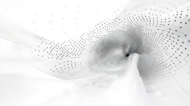 Ethereal white translucent mesh forming a swirling dotted vortex and flowing tunnel of fine lines and black points, a minimal monochrome scene evoking calm motion and depth