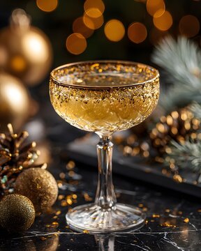 Elegant golden Christmas cocktail with edible gold flakes, crystal coupe glass, luxury holiday decorations, black marble table, golden bokeh lights.