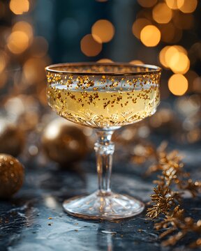 Elegant golden Christmas cocktail with edible gold flakes, crystal coupe glass, luxury holiday decorations, black marble table, golden bokeh lights.