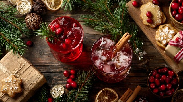 Top view flat lay of Christmas cocktails, pine branches, ornaments, cinnamon sticks, cranberries, cookies, wrapped gifts, wooden background.